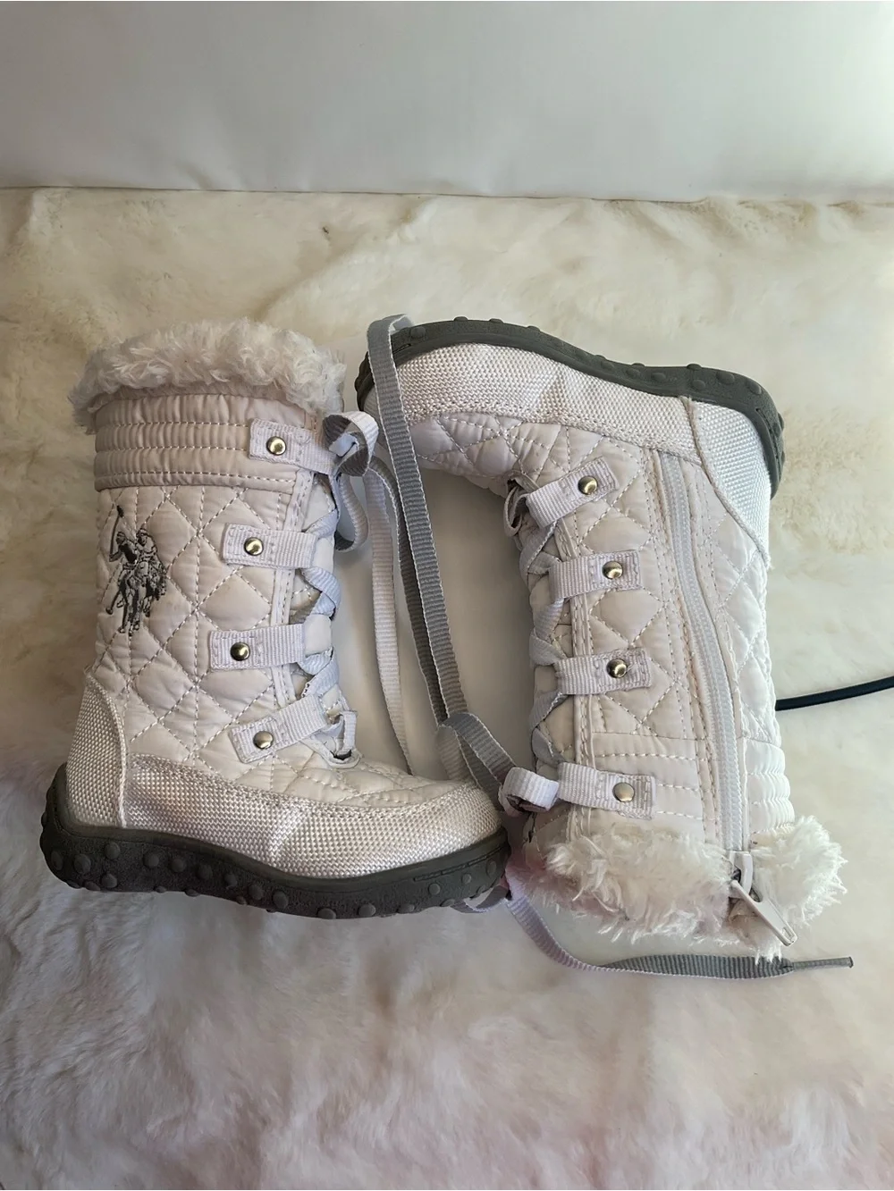 Polo Ralph Lauren Girls White Quilted Snow Boots Faux Fur Trim Lace-Up Side Zipp
